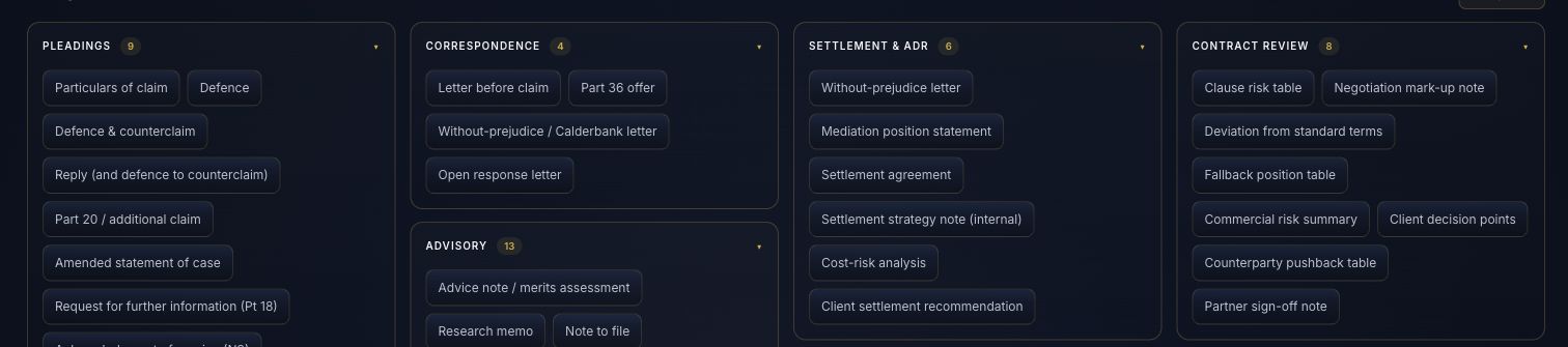 Awatum's document studio showing correspondence, advisory, settlement and contract review categories