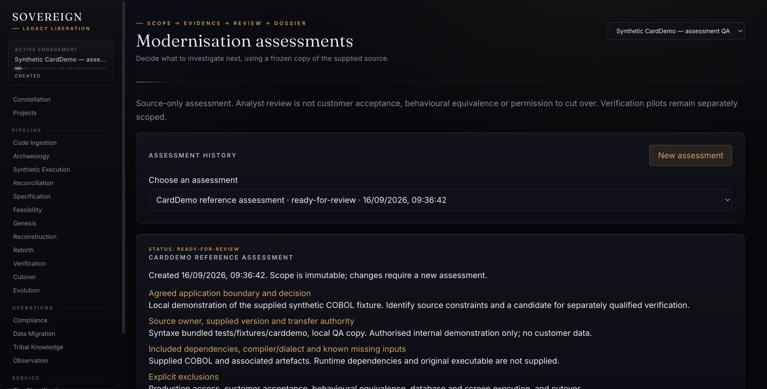 Real Sovereign assessment workspace showing the scope and review status of a synthetic reference application