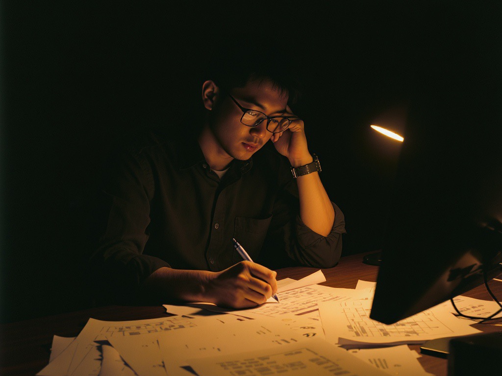 An engineer annotating a printed specification at a desk late at night.
