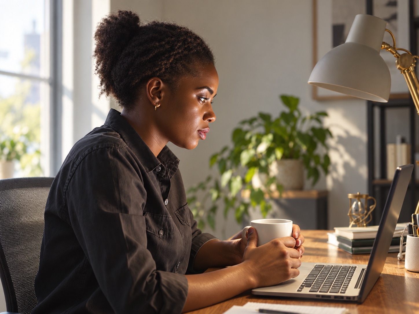An engineer reading a message at her desk, unhurried.