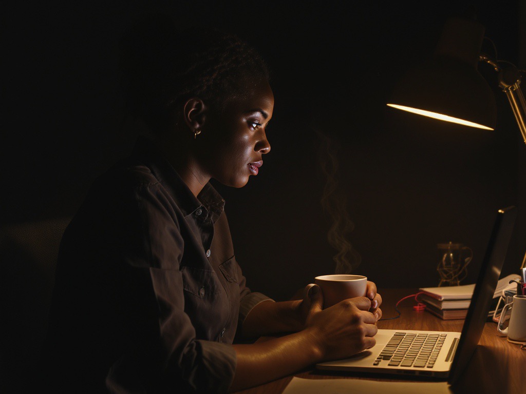 An engineer reading a message at her desk, unhurried.