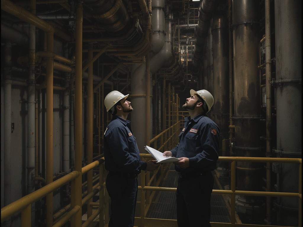 Two engineers inside a large industrial plant room, dwarfed by the machinery they are examining.