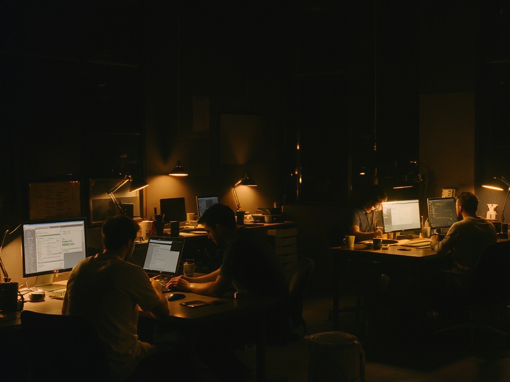 The Syntaxe studio floor at night, engineers at work under individual desk lamps.