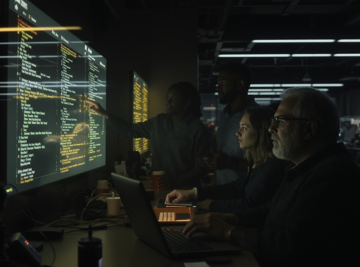Engineers reviewing a verification run against a wall display in the Syntaxe lab.