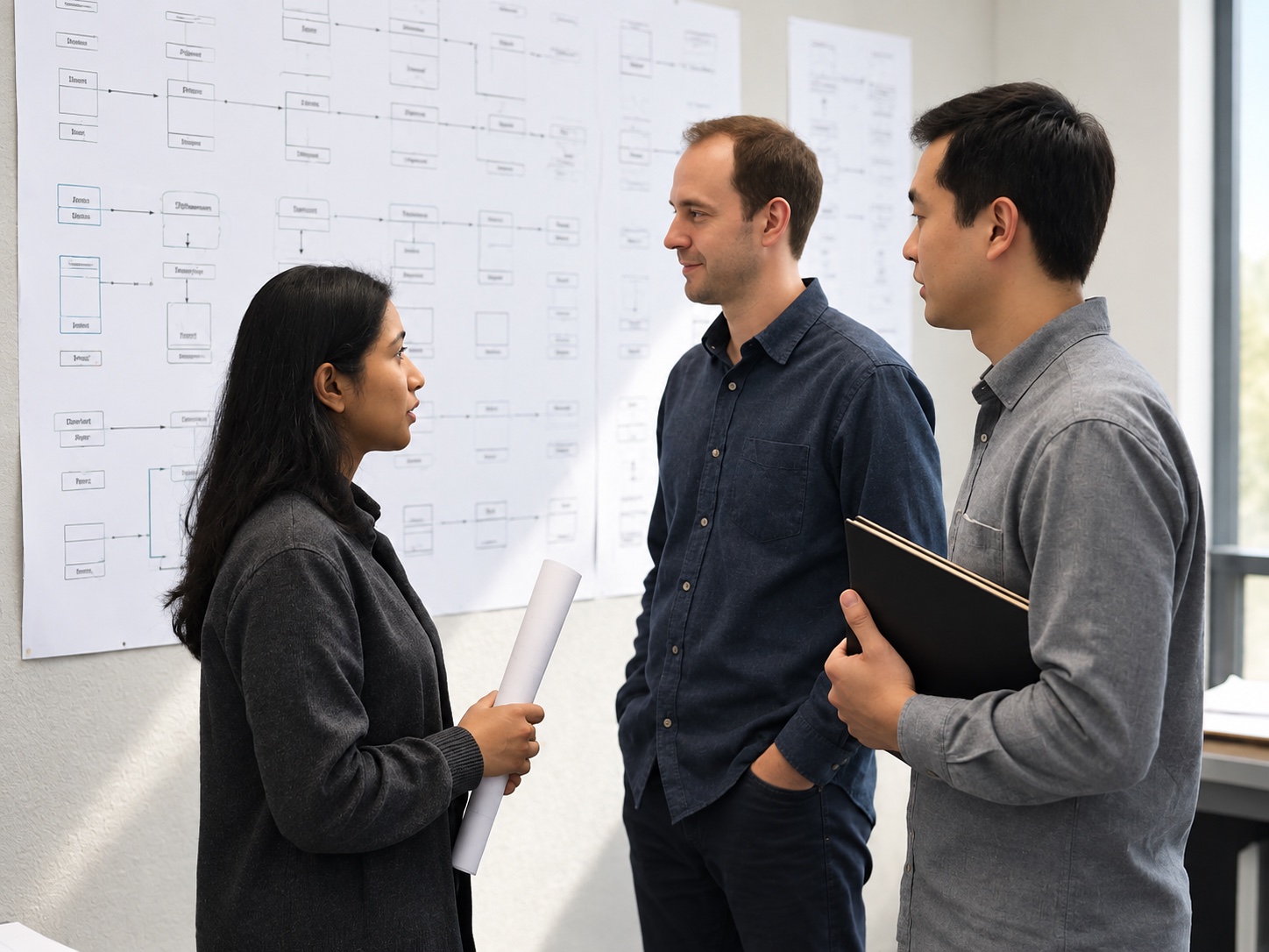 Three Syntaxe engineers working through a system architecture on a printed wall.
