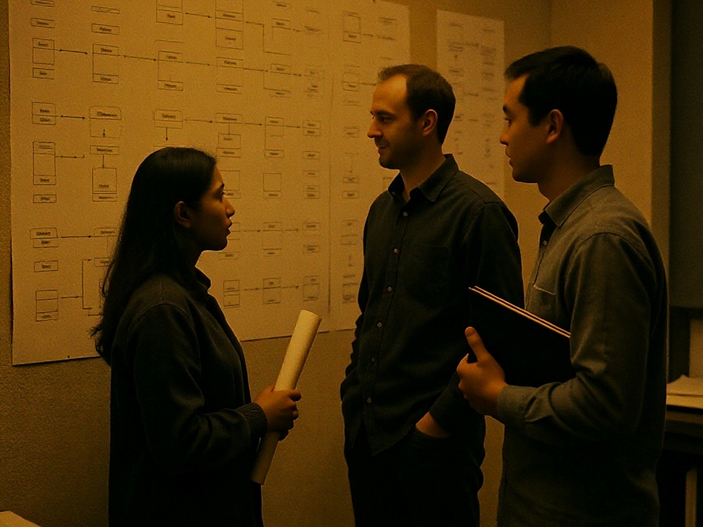 Three Syntaxe engineers working through a system architecture on a printed wall.