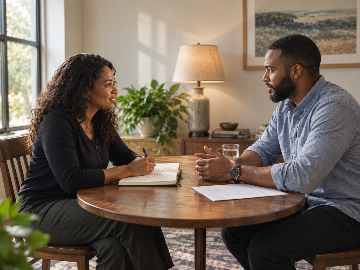 A scoping conversation across a table, a printed document between the two people.