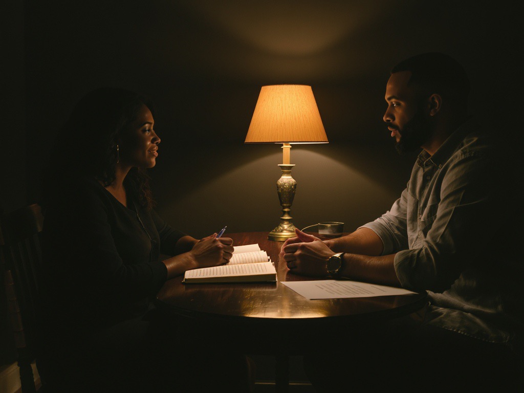 A scoping conversation across a table, a printed document between the two people.