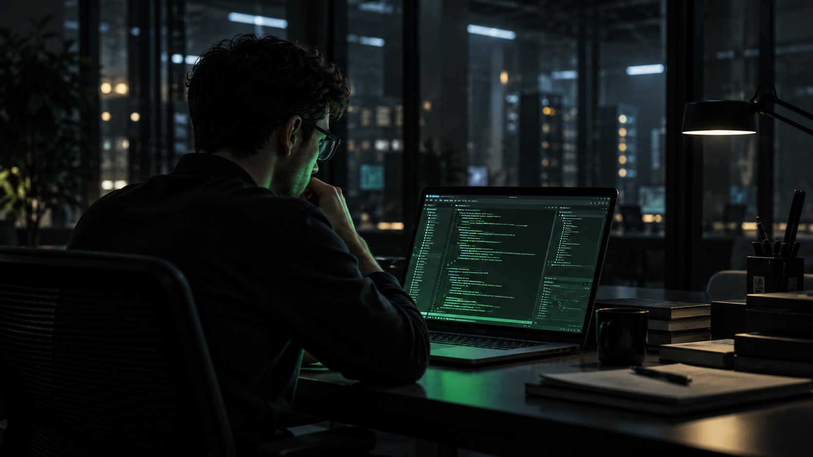 A person working late at a laptop showing code.