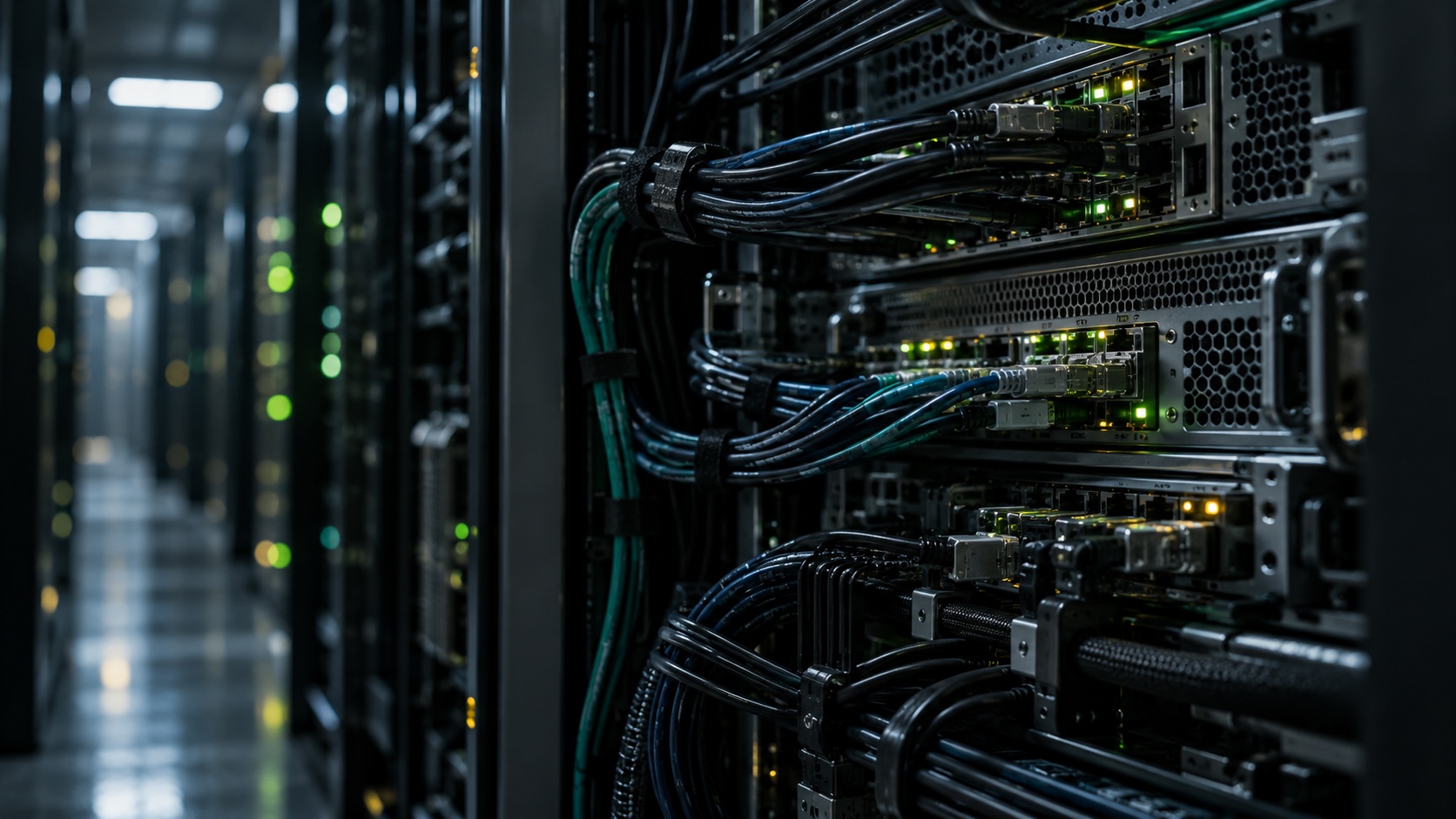 Cables and network ports behind a server rack.