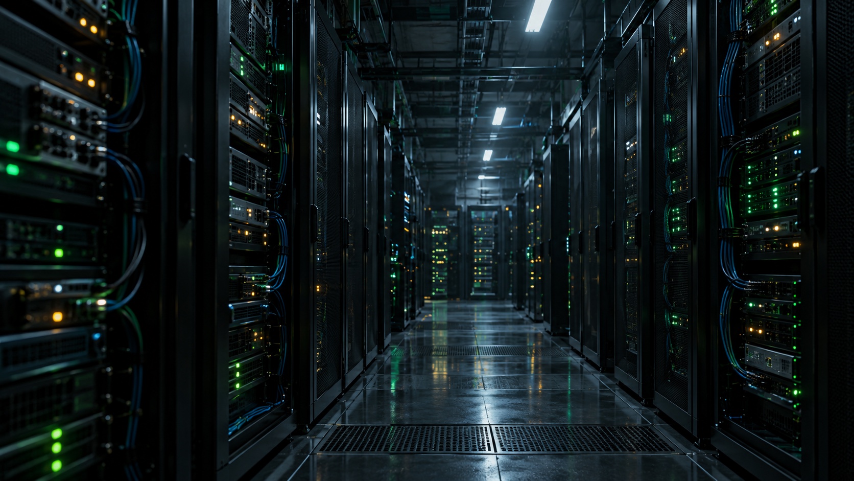 A dark data centre aisle lined with server racks.