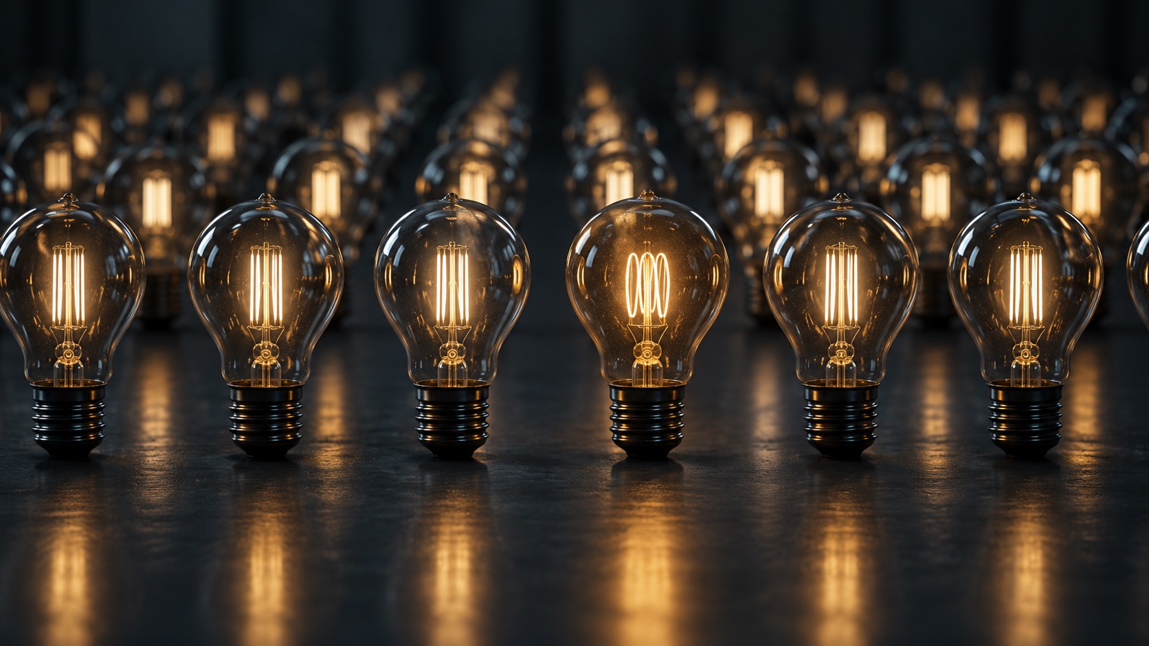 Rows of lit light bulbs, one with a different filament.