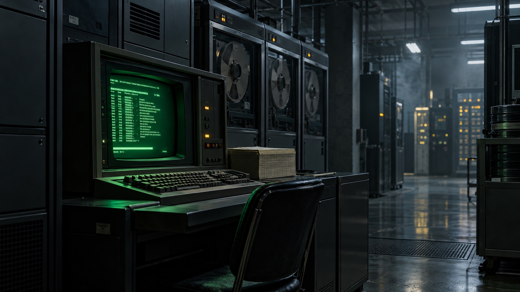 An old mainframe room with a green-screen terminal and tape drives.