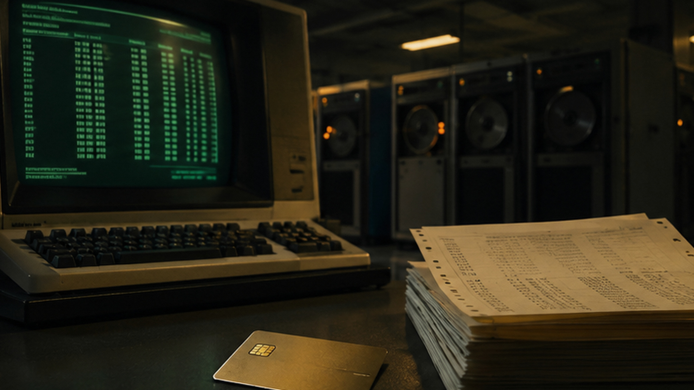 An old green-screen terminal in a dim mainframe room, with a bank card and a stack of printed statements on the desk.