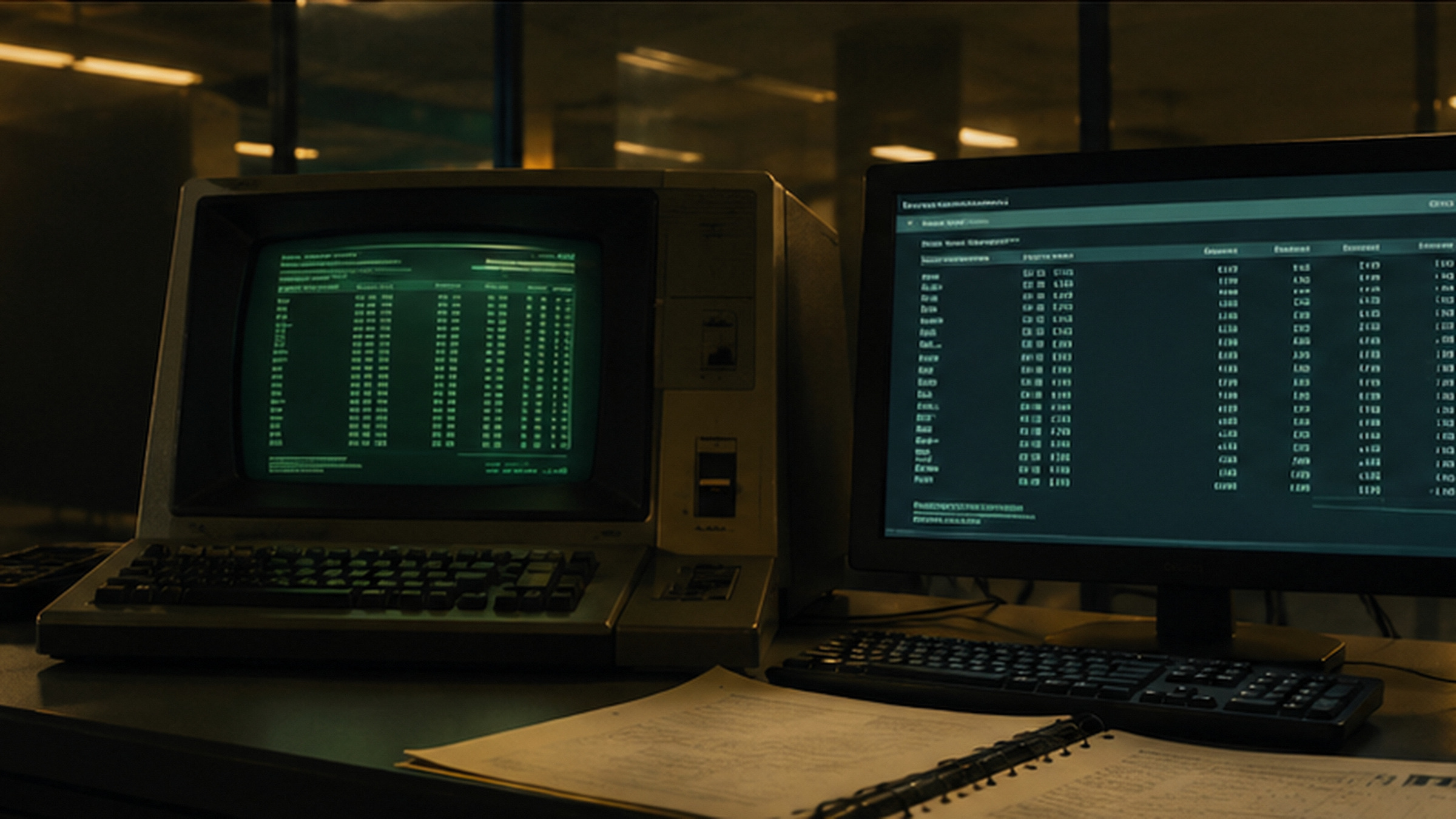 An old green-screen terminal and a modern monitor side by side, both showing the same table of figures.